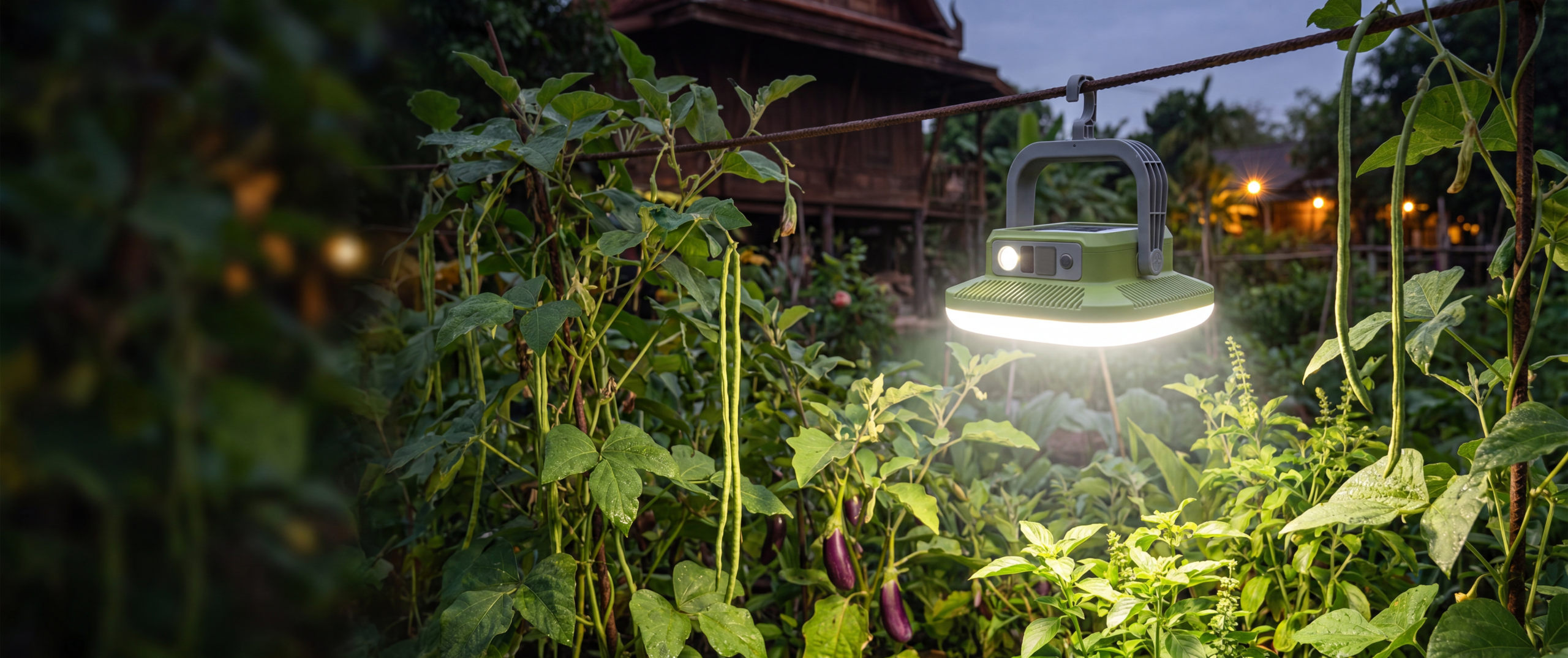 Rechargeable camping light illuminating a garden at night